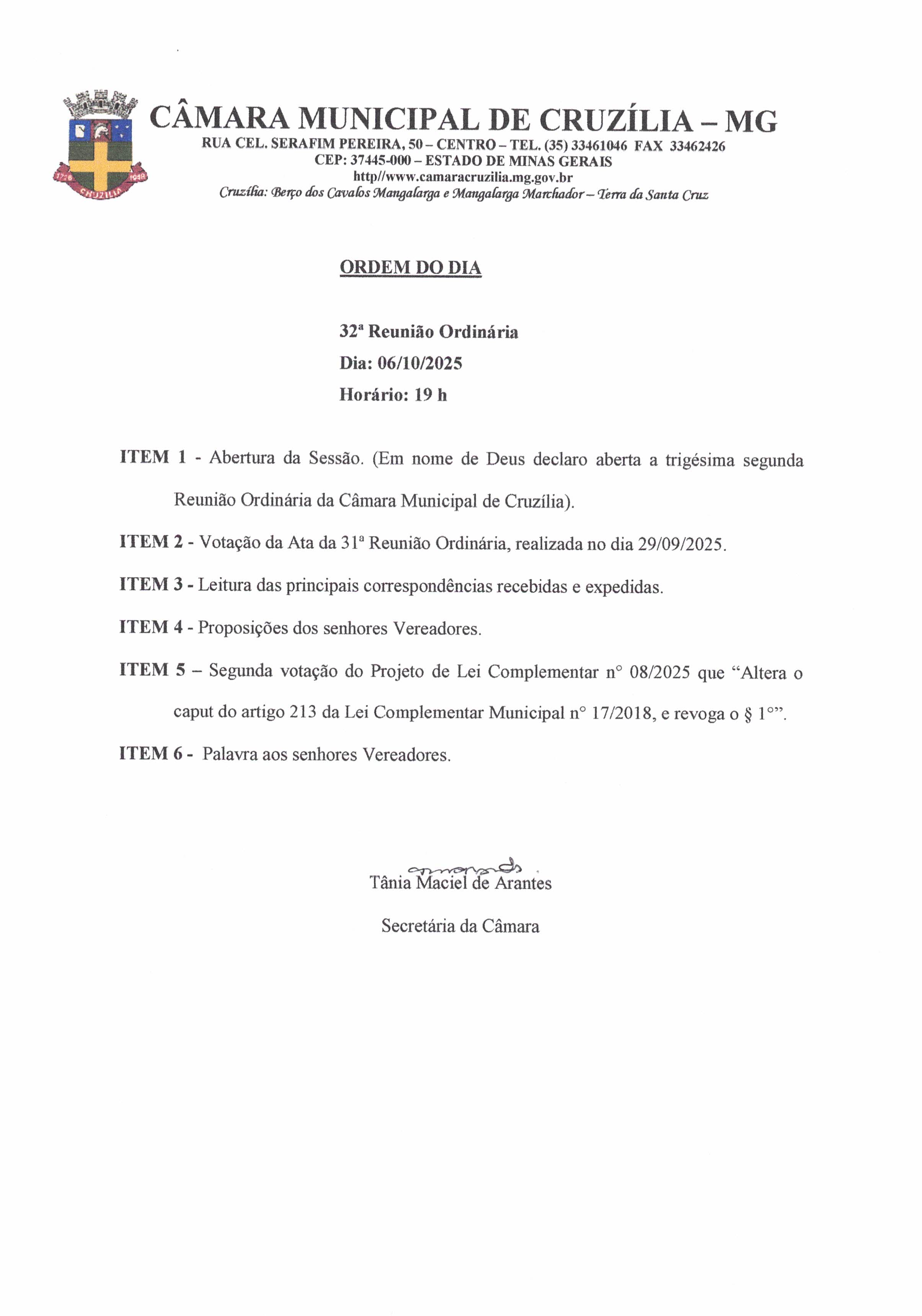 Pauta da 32ª Reunião Ordinária dia 06-10-2025 às 19 hrs