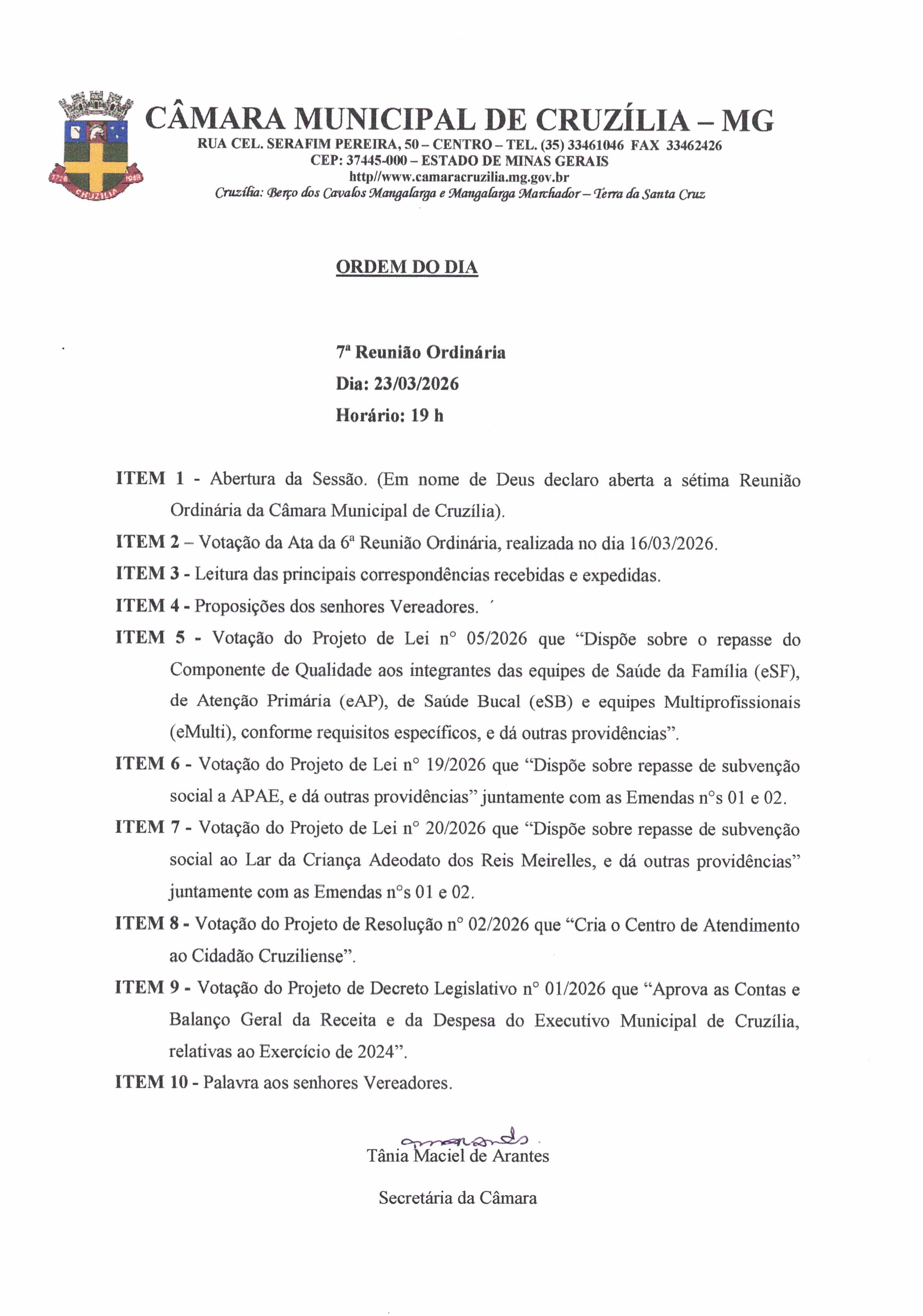 Pauta da 7ª Reunião Ordinária dia 23-03-2026 às 19 hrs
